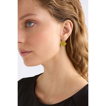 Pair of gold earrings with green square charms on a white background.