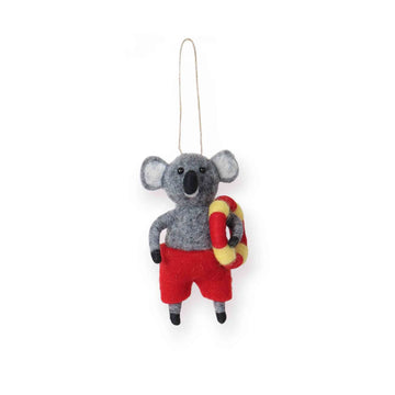 Felt koala ornament with a life saving ring on a white background.
