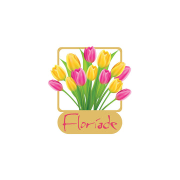 An enamel magnet of a bunch of pink and yellow tulips with the text 'Floriade' underneath.