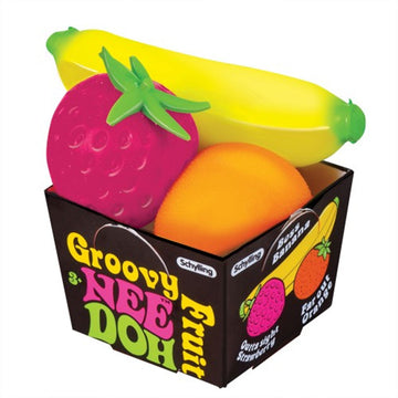 An image of a black box with a toy banana, strawberry and orange inside.