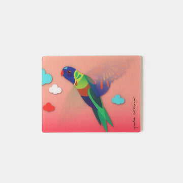 A rectangle magnet with a moving image of a rainbow lorikeet against an orange background.