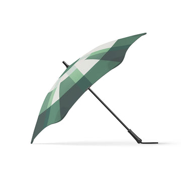 An open umbrella printed with a green checkered pattern with a black handle.