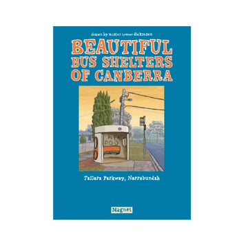 A magnet illustrated with a Canberra bus shelter by Trevor Dickinson attached to a blue card.