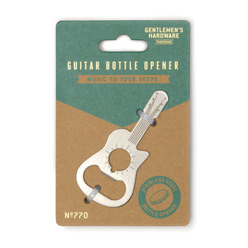A guitar shaped bottle opener in stainless steel attached to a green and brown card.
