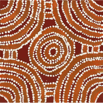 A square painting made up of brown circular brush strokes with white dotted edges.