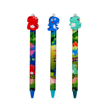 Three colourful pens illustrated with dinosaurs and a large silicone dinosaur on top.