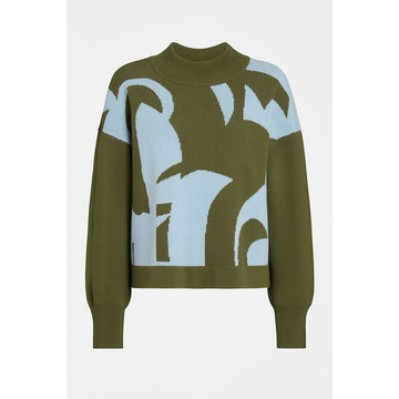 A sweater in khaki green with blue abstract shapes printed on it.