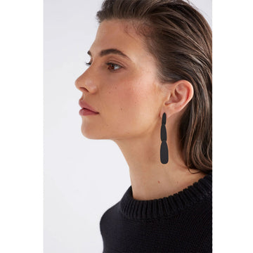 A pair of stud drop earrings featuring three different sized purple ovals.