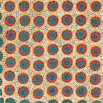 A square painting with red circles painted with blue dots and an orange outline in a grid pattern.