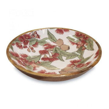 Decorative wooden bowl with floral design on a white background.