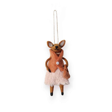 Felted kangaroo ornament wearing a coat and dress holding a handbag, on a white background.