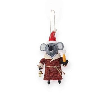 Christmas ornament of a koala in a robe outfit on a white background.