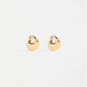 Pair of gold hoop earrings on a light gray background.