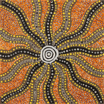 A square painting with grey and black squiggly lines meeting a white circle in the middle.