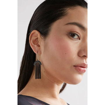 A pair of drop earrings with small black delicate chains hanging off an arch shape.
