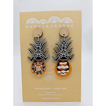 A pair of drop earrings shaped like ants attached to a light yellow product card.