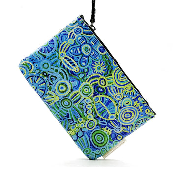 A clutch bag with a zip along the top and a wrist strap attached to the zip. The front is printed with artwork by Cedric Varcoe.