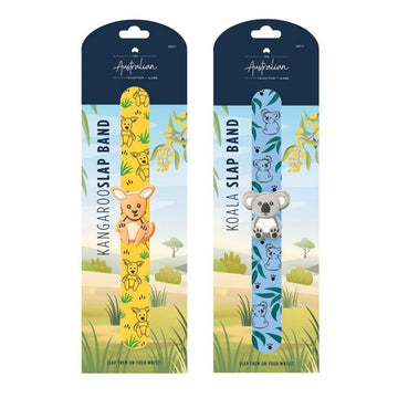 Two slap bands pictured attached to card backings. One is kangaroo themed and the other is koala themed.