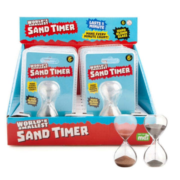 A display of sand timers in packaging in a box with two sand timers in front of the box.