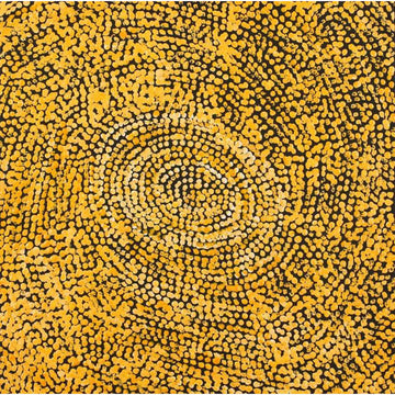 A square painting with a circular design made up of yellow dots on a black and white background.