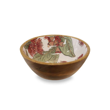 Decorative wooden bowl with floral design on a white background.