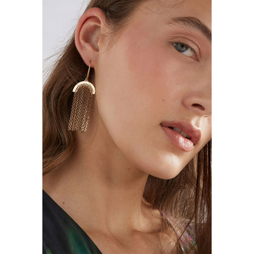 A pair of drop earrings with small bronze delicate chains hanging off an arch shape.