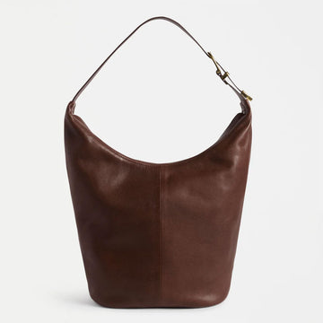 A brown leather tote style bag.