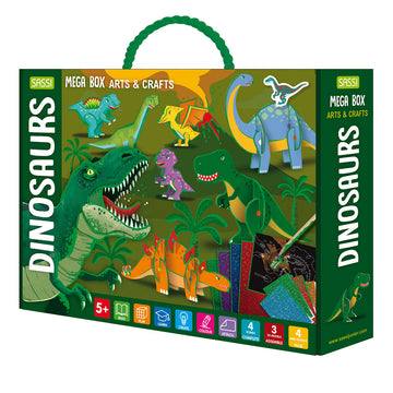 A green box titled 'Dinosaurs Mega Box Arts and Crafts' with illustrations of different dinosaurs.