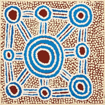 A square painting with blue and white circles in a grid design with lines connecting them all over a dark red and beige spotted background.