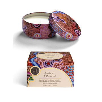 Scented candle in a decorative tin with matching packaging on a white background.