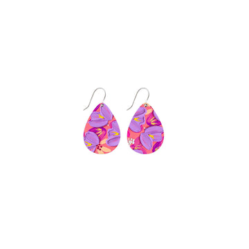 A pair of tear drop shaped drop earrings printed with purple floral artwork.