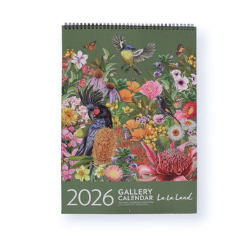 2026 Gallery Calendar with an illustration of birds and flowers on a green background.