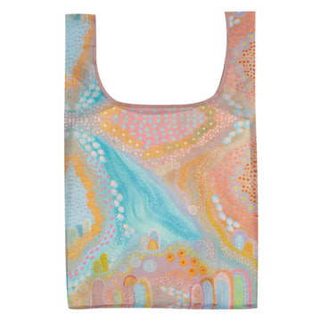 A reusable shopping bag illustrated with colourful artwork by Megan Corby.
