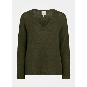 A women's knitted sweater in khaki green with a V neckline.