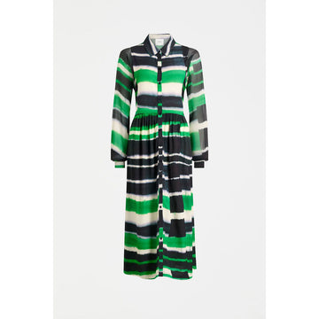 Striped dress with green, black, and white pattern on a white background.