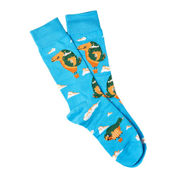 A pair of blue socks featuring images of the Skywhale and Skywhalepapa hot air balloons flying in the clouds.