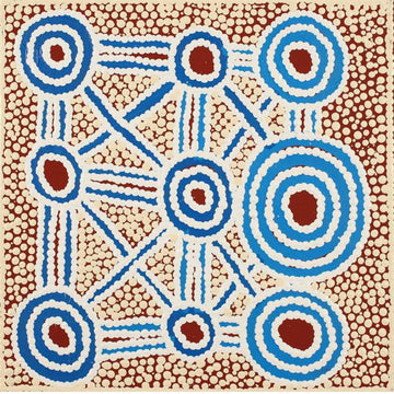 A square painting with blue and white circles in a grid pattern connected with lines on a dark red and beige spotted background.