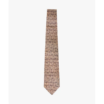 A silk tie in light brown printed with a line design in a darker brown by Ray James Tjangala.