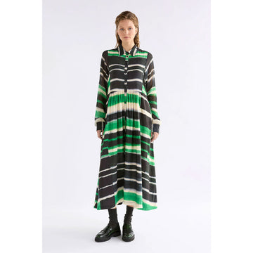 Striped dress with green, black, and white pattern on a white background.