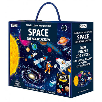 A dark blue box titled 'Space the Solar System' with an illustration of planets, spaceships and astronauts in space.