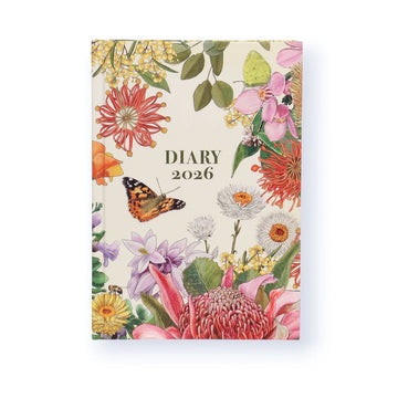 Floral diary cover with a butterfly and various flowers on a white background.