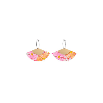 A pair of hoop earrings with a floral printed fan shape hanging off the hoop.