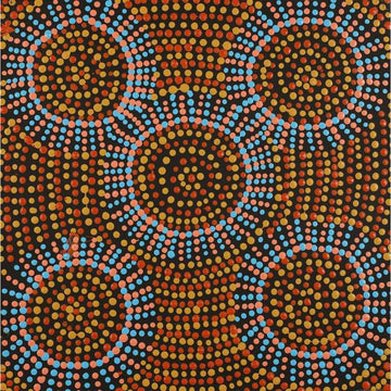 A square painting with five circles made from blue and pink dots with yellow and orange dots in the spaces between.