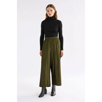 A pair of women's wide leg pants in metallic khaki green with a gathered waist.