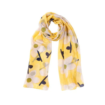 A silk scarf in lemon yellow illustrated with white flowers.