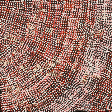 A square painting made up of red, black and white dots.