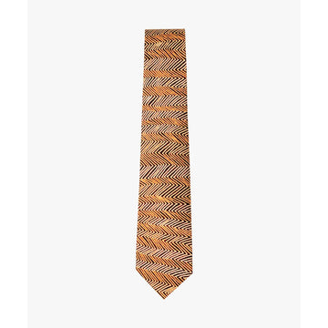 A silk tie in brown printed with a zig zag line design in orange by Doreen Redi Nakamarra.