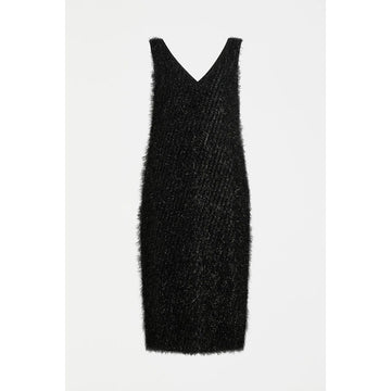 Black sleeveless dress with a V neckline on a white background.
