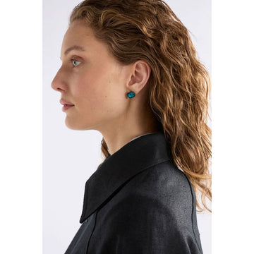 Pair of green square stud earrings on a white background.