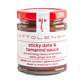 Jar of Otto Length sticky date & tamarind sauce with a red lid on a white background.